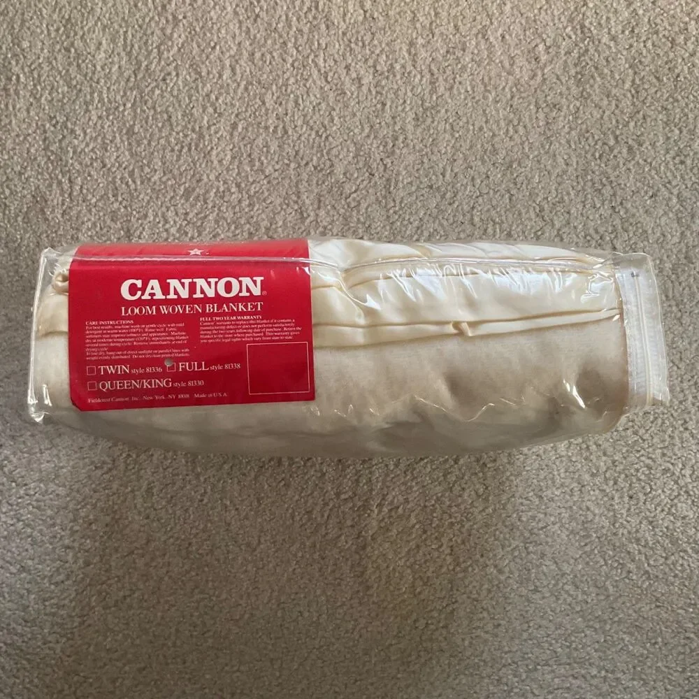 Vintage Cannon Loom Woven Acrylic Blanket Full 80x90in Satin Trim Cream USA New
